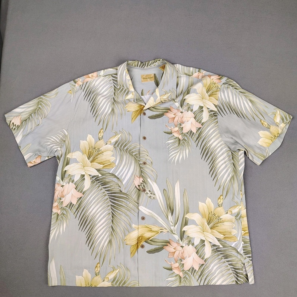 Tommy Bahama Pure Silk Hawaiian Shirt 2XL 3XL Blue Palm Floral Print Loop Collar